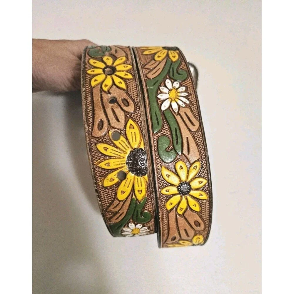 Hand Painted Sunflower Tooled Leather Belt Western Cowgirl Boho Made In Mexico